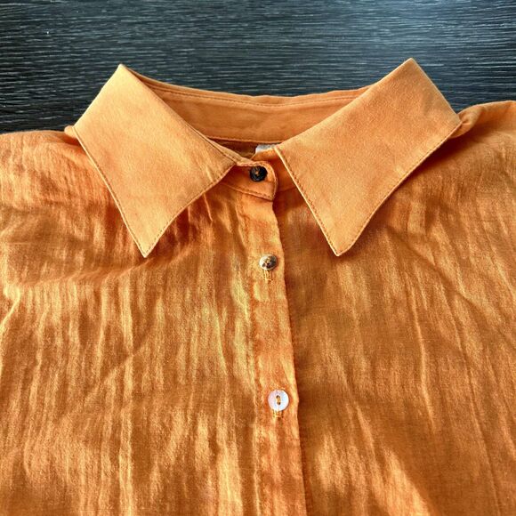 GUC Bailey 44 Cotton Silk High-Low Blouse Orange Sz S Sheer Sleeve Collared Top - Picture 10 of 15